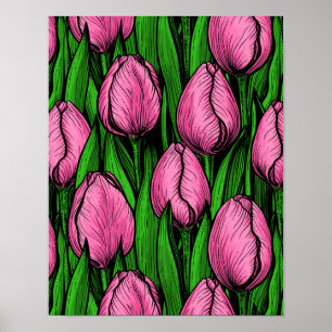 Affiche Tulières roses avec feuilles verts