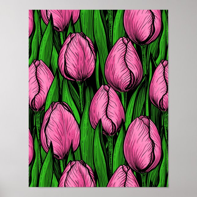 Affiche Tulières roses avec feuilles verts (Devant)