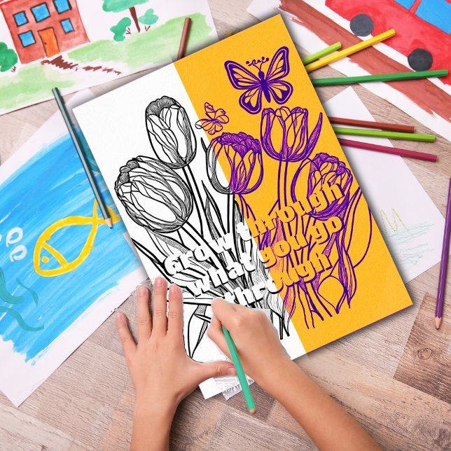 Affiche Tulipes avec coloriage papillon Page imprimable (Customize the text OR remove then download and print out at home for therapeutic coloring fun.)
