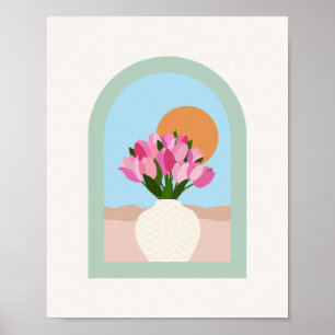 Affiche Tulipes Dans Un Vase Bleu Rose Vert Floral