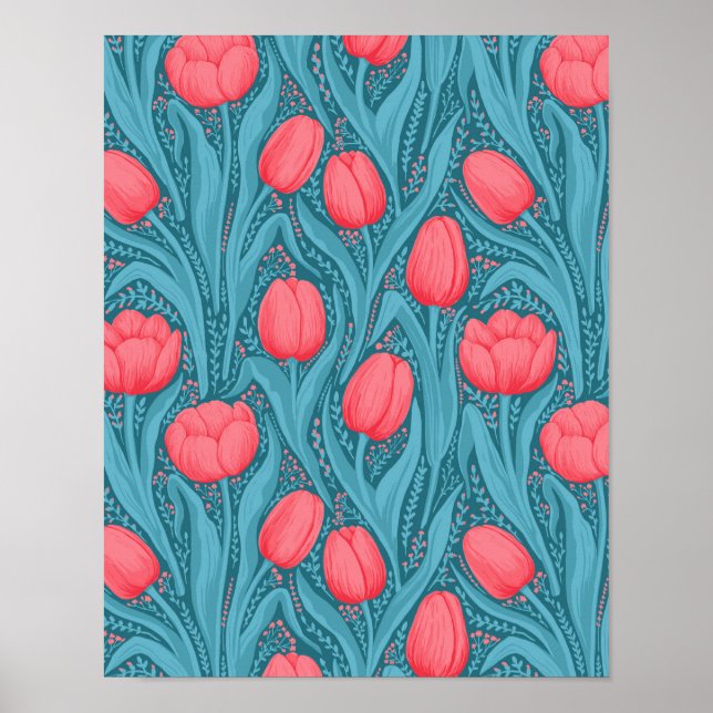 Affiche Tulipes en bleu et rouge (Devant)