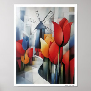 AFFICHE TULIPES ET MOULINS DE HOLLANDE