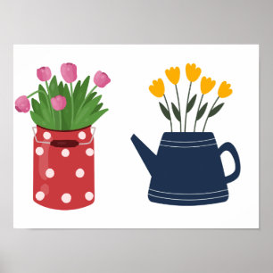 Affiche Tulipes jaunes et roses dans deux vases