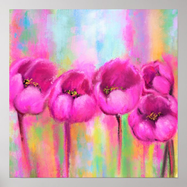 Affiche Tulipes roses violettes - Peinture originale d'art (Devant)