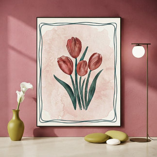 Affiche Tulipes rouges botaniques vintage et fond aquarell