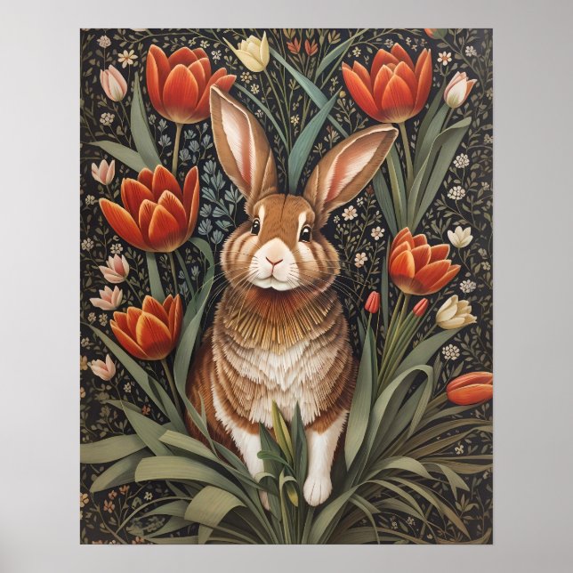 Affiche Tulipes rouges Brown de lapin William Morris inspi (Devant)