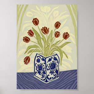 Affiche Tulipes rouges dans un vase en chinoiserie bleu ca