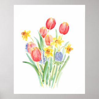 Affiche tulipes rouges et jonquilles jaunes aquarelle
