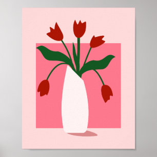 Affiche Tulipes Rouges Minimalistes dans un Vase Rose Art