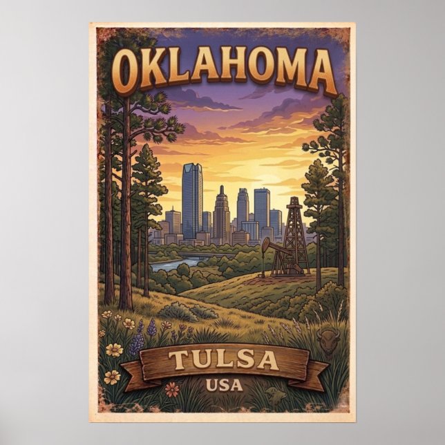 Affiche Tulsa Skyline Sunset Illustration (Devant)