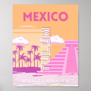 Affiche Tulum, Art de voyage, Art rétro, Rose, Orange