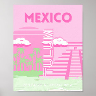 Affiche Tulum, Mexique, Art Voyage, Art Preppy, Rose
