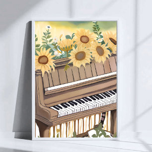 Affiche Tune in Bloom Tournesol Floral Piano Aquarelle