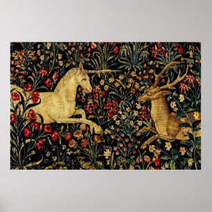 Affiche Tunique de jardin floral de licorne médiévale susp