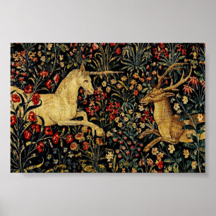 Affiche Tunique de jardin floral de licorne médiévale susp