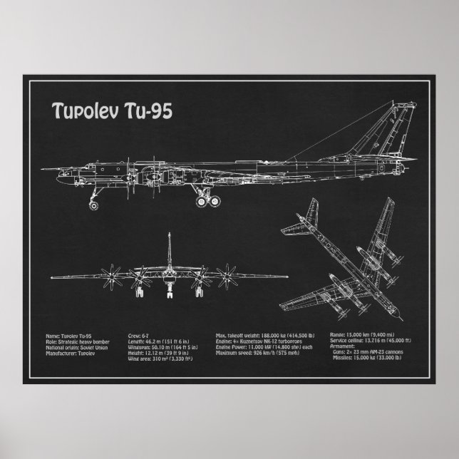 Affiche Tupolev Tu-95 - Plan directeur de l'avion PD (Devant)