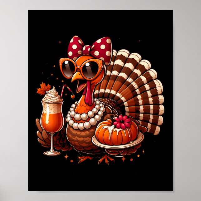 Affiche Turkey Drinking Coffee Bow Thanksgiving Womens Tur (Devant)