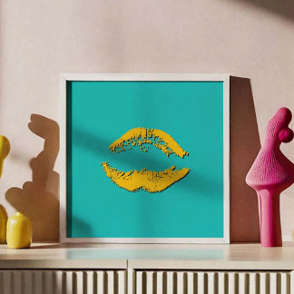 Affiche Turquoise and Yellow Kissing Lips