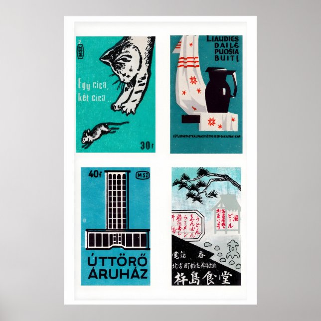 Affiche Turquoise & Black Matchbox Labels Grid Print (Devant)