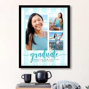 Affiche Turquoise Bleu Grad 3 Photo Paillettes Script Rayu