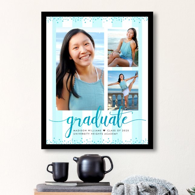 Affiche Turquoise Bleu Grad 3 Photo Paillettes Script Rayu (Créateur téléchargé)