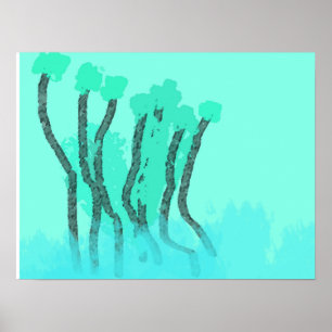 Affiche Turquoise Bleu Vert Bord de plage Arbres Eau Abstr