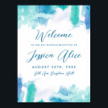 Affiche Turquoise Blue Watercolor Tie Dye Bat mitzvah Bien<br><div class="desc">Un lavage turquoise bleu et vert d'aquarelle avec une touche de violet,  avec texte modifiable. Customiser pour personnaliser,  déplacer ou mettre à l'échelle des éléments.</div>