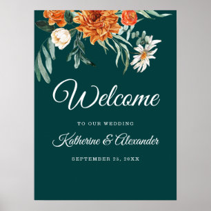 Affiche Turquoise Burnt Orange Élégant Floral Welcome Mari