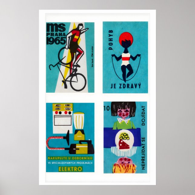 Affiche Turquoise Czech Matchbox Labels Grid Print (Devant)