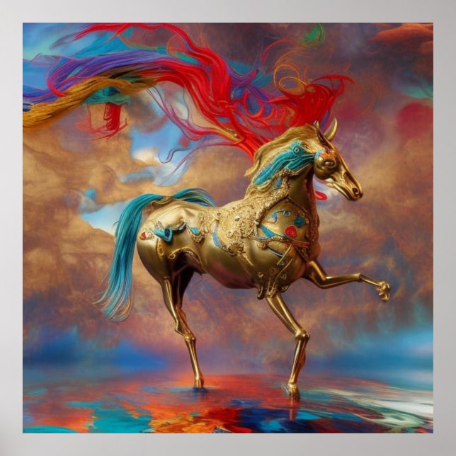Affiche Turquoise doré moderne et cheval rouge abstrait (Devant)