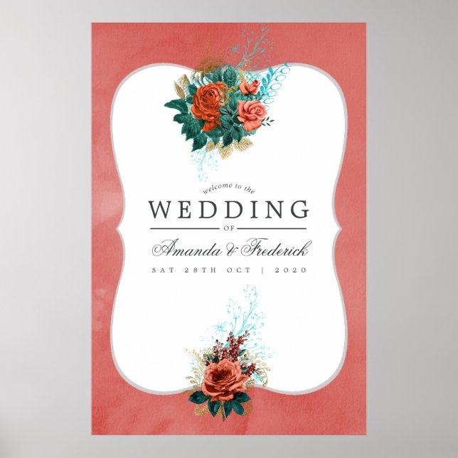 Affiche Turquoise et Coral Floral Mariage Bienvenue (Devant)