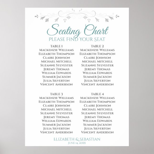 Affiche Turquoise et gris Simple Mariage de 4 tables (Devant)