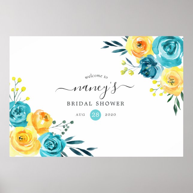 Affiche Turquoise et jaune Fête de mariage Floral (Devant)
