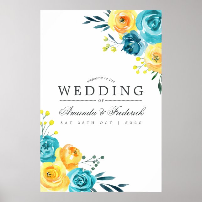 Affiche Turquoise et Jaune Floral Mariage Bienvenue (Devant)