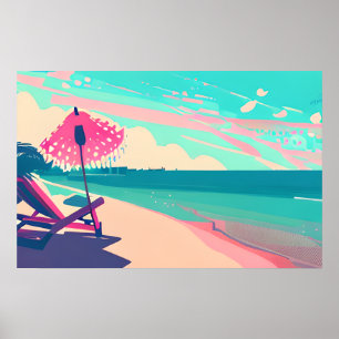 Affiche Turquoise et Peach Beach, Chaise et Parapluie