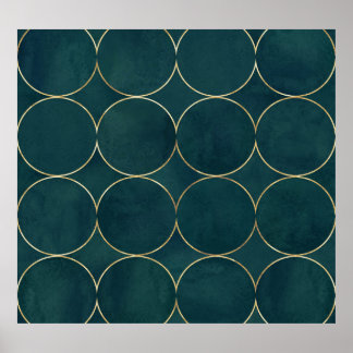 Affiche Turquoise foncé, Cercles d'or Aquarelle.