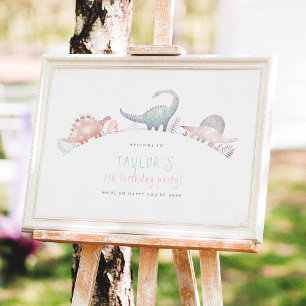 Affiche Turquoise & Gold Girl Dinosaur fête d'anniversaire