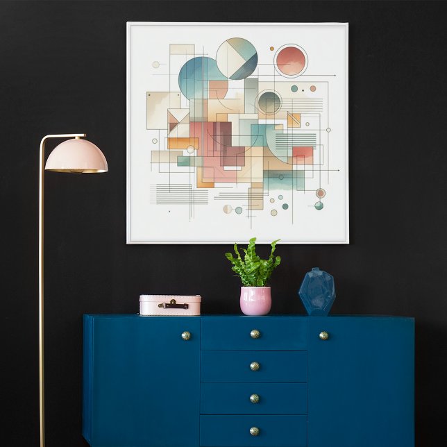 Affiche Turquoise Gris Bleu Beige Roue Rouge Abstrait Art  (Créateur téléchargé)