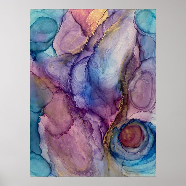 Affiche Turquoise, rose, violet et or Art de l'encre Abstr (Devant)