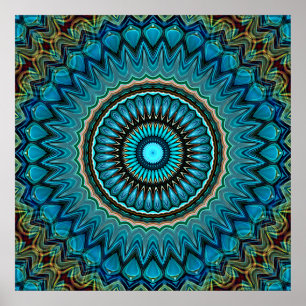 Affiche Turquoise Teal Green Mandala Round Star Pattern