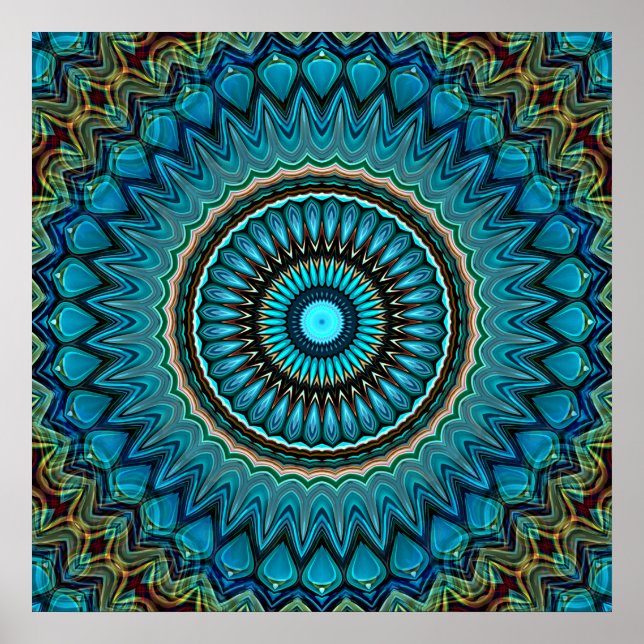 Affiche Turquoise Teal Green Mandala Round Star Pattern (Devant)