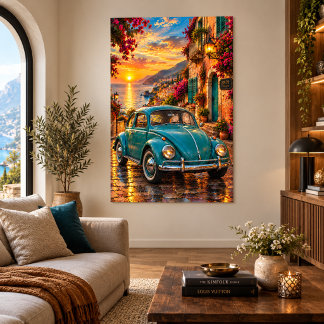 Affiche Turquoise Vintage Beetle Méditerranéen Coucher de