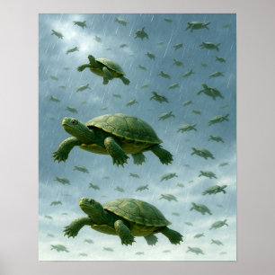 Affiche Turtle Wall Art, Happy Turtle in the Rain Art
