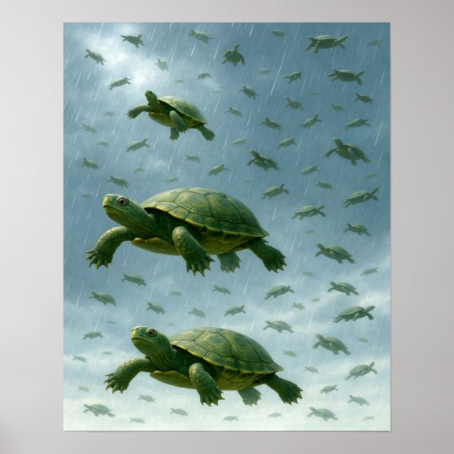 Affiche Turtle Wall Art, Happy Turtle in the Rain Art (Devant)