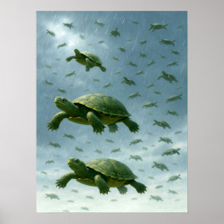 Affiche Turtle Wall Art, Happy Turtle in the Rain Art