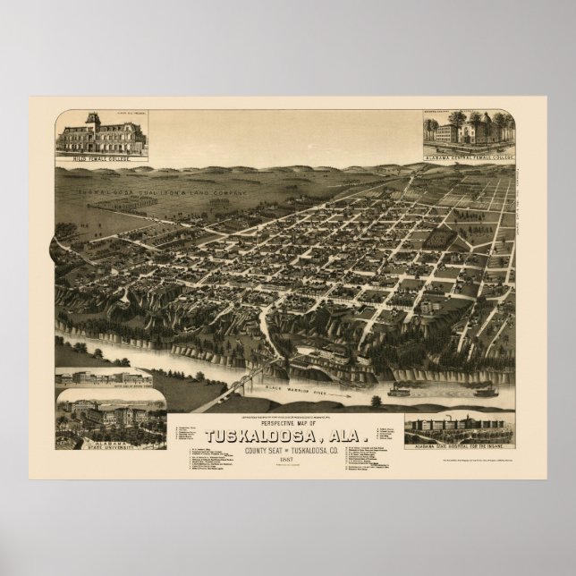 Affiche Tuscaloosa, AL Carte panoramique - 1887 (Devant)