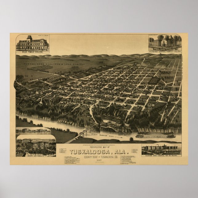Affiche Tuscaloosa, AL Panoramic Map Vintage 1887 (Devant)