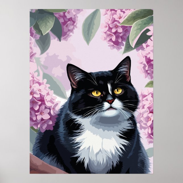 Affiche Tuxedo cat with lilac flowers, cute floral cat (Devant)