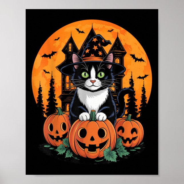 Affiche Tuxedo Chat Sorcière Casquette Halloween Y Jack-o' (Devant)