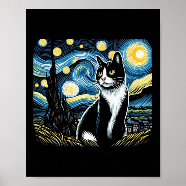 Affiche Tuxedo Chat Starry Peinture de nuit Tuxedo Proprié (Devant)
